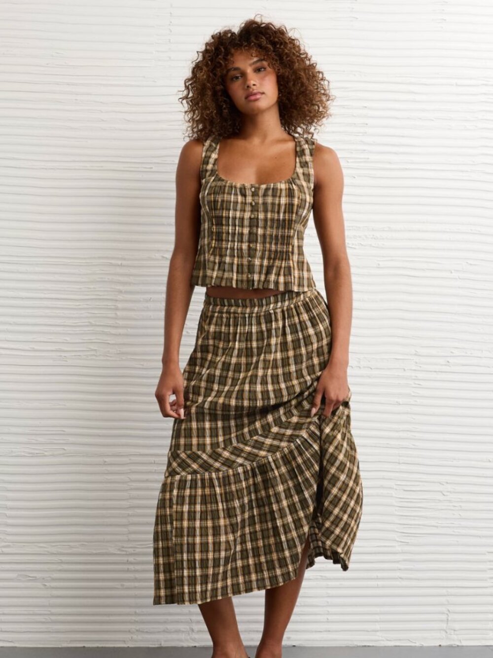 American Eagle Green Plaid Tiered Maxi Skirt Size XL - Picture 9 of 9